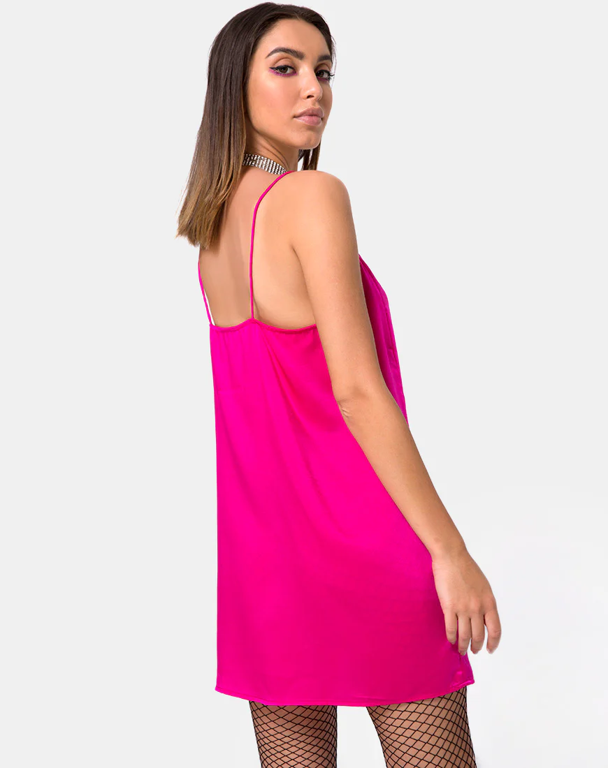 Batista Slip Dress in Fuchsia Satin Pink - Awmao