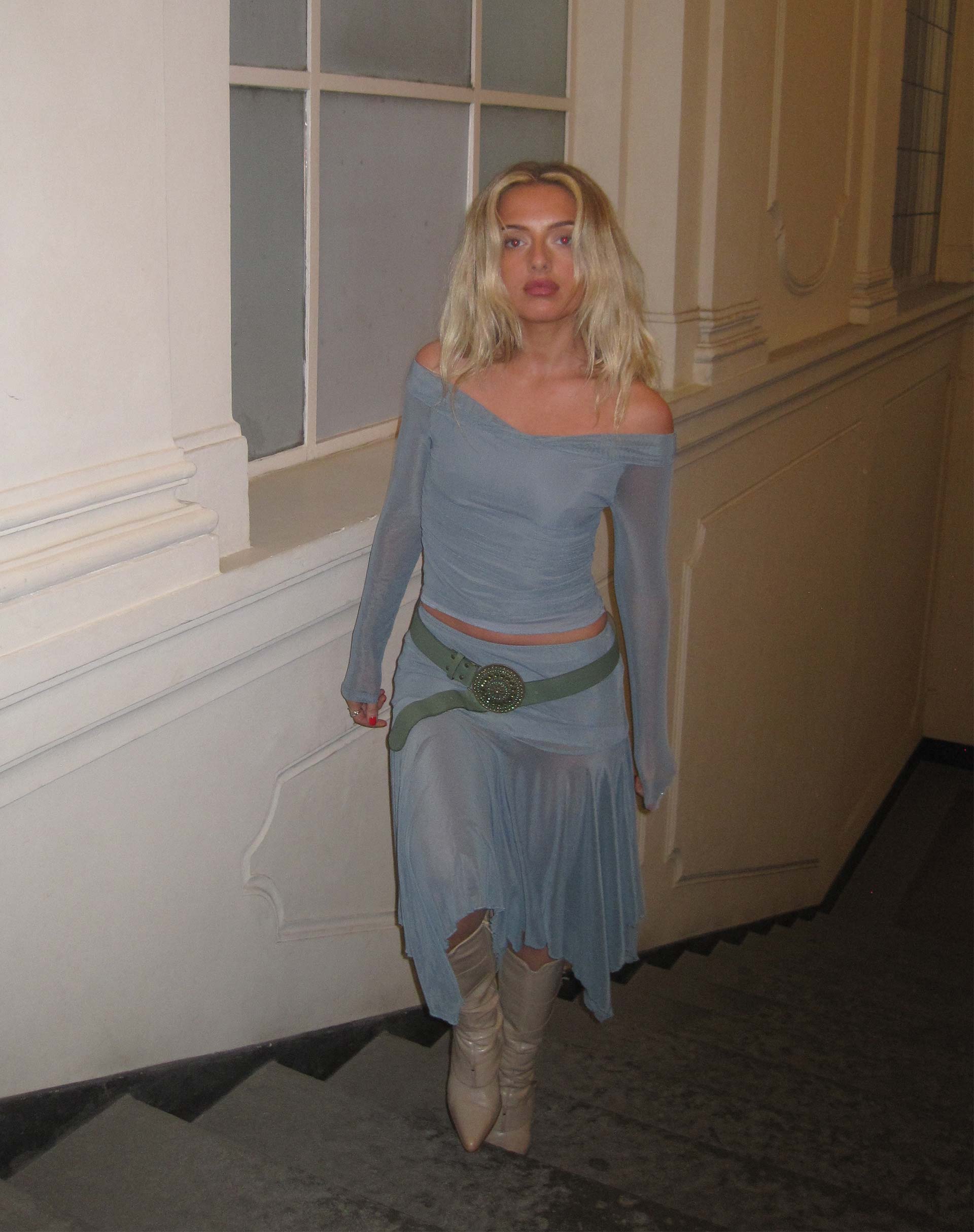Nauri Mesh Bardot Top in Blue Grey - Awmao