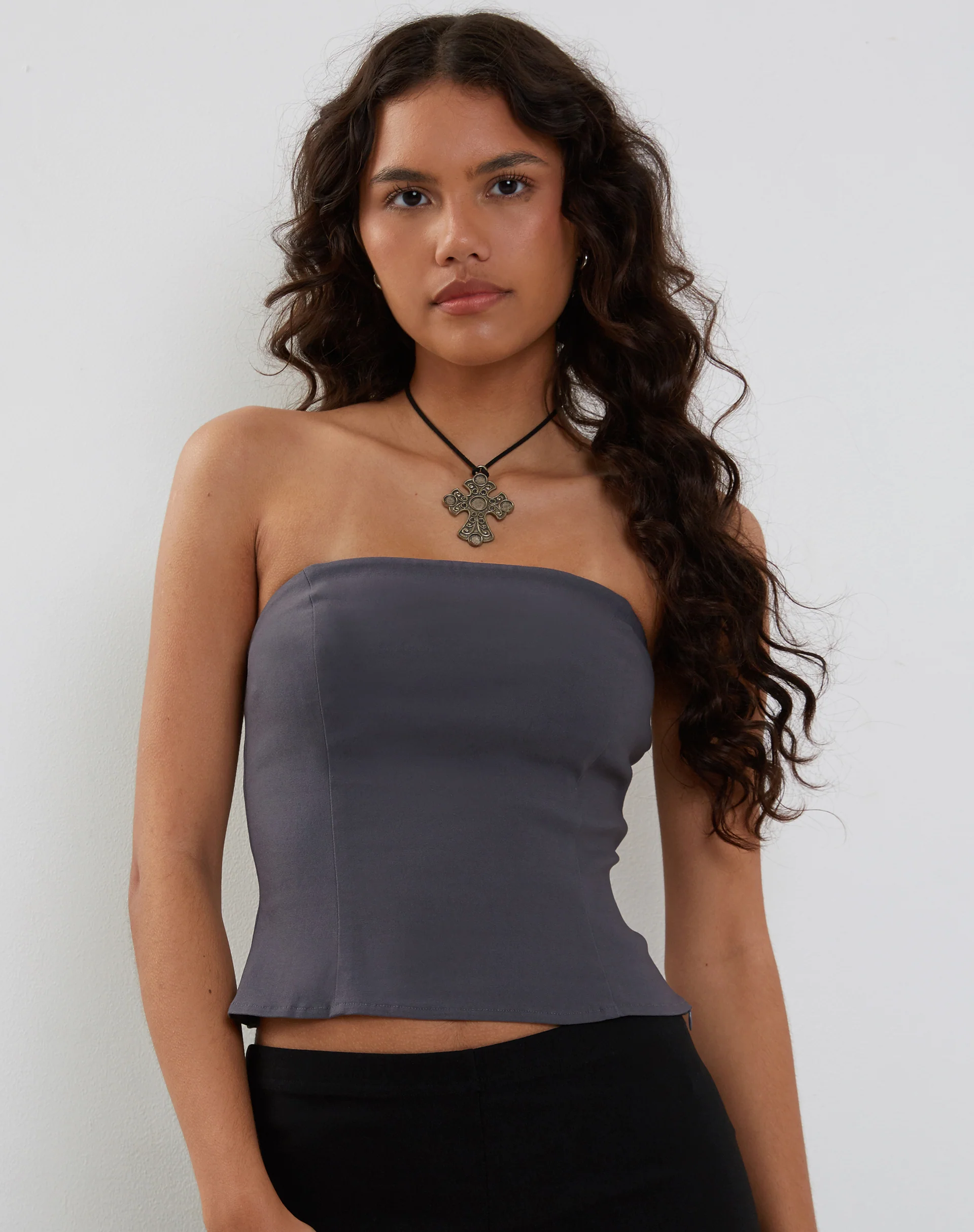 Maribaya Longline Corset Top in Charcoal Soft Tailoring - Awmao