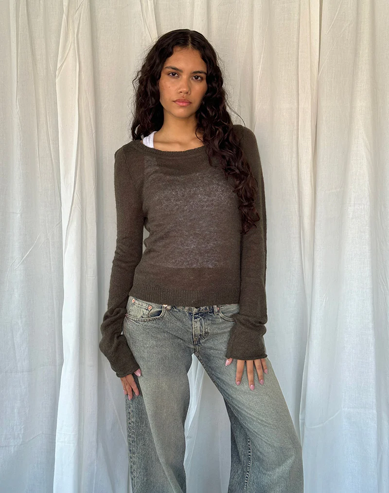 Addison Long Sleeve Sheer Knit Top in Dark Chocolate - Awmao