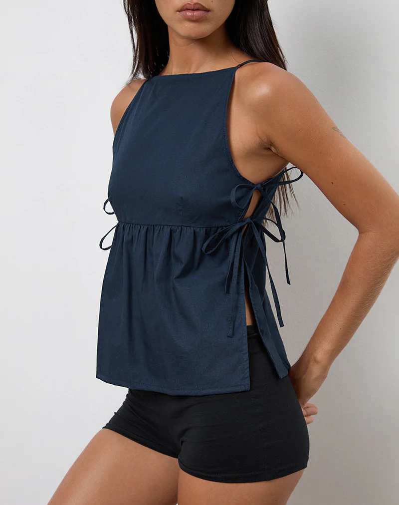 Palsi Tie Side Vest Top in Navy - Awmao