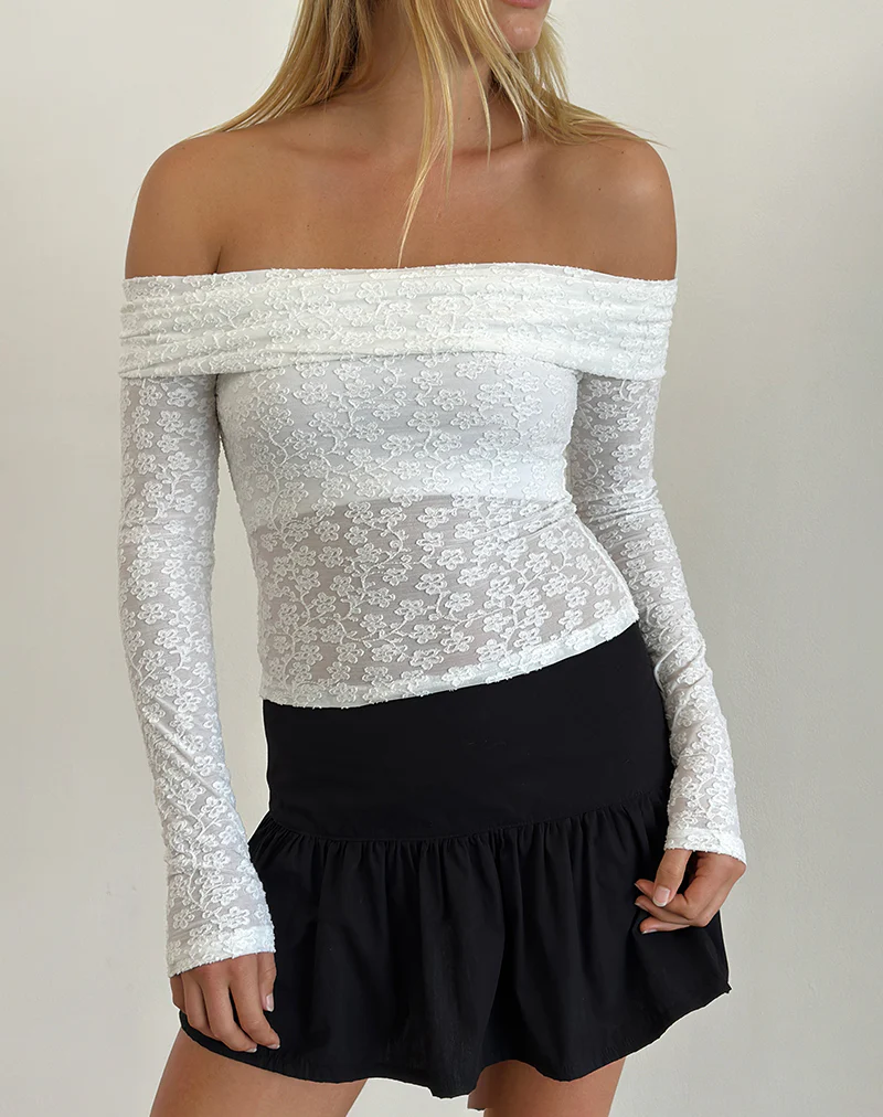 Nesta Bardot Top in Burnout Mesh Ivory - Awmao