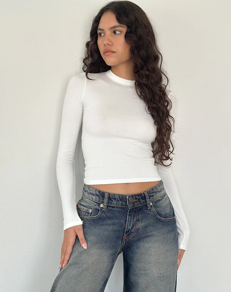 Beech Ribbed Long Sleeve Top in Off White - Awmao