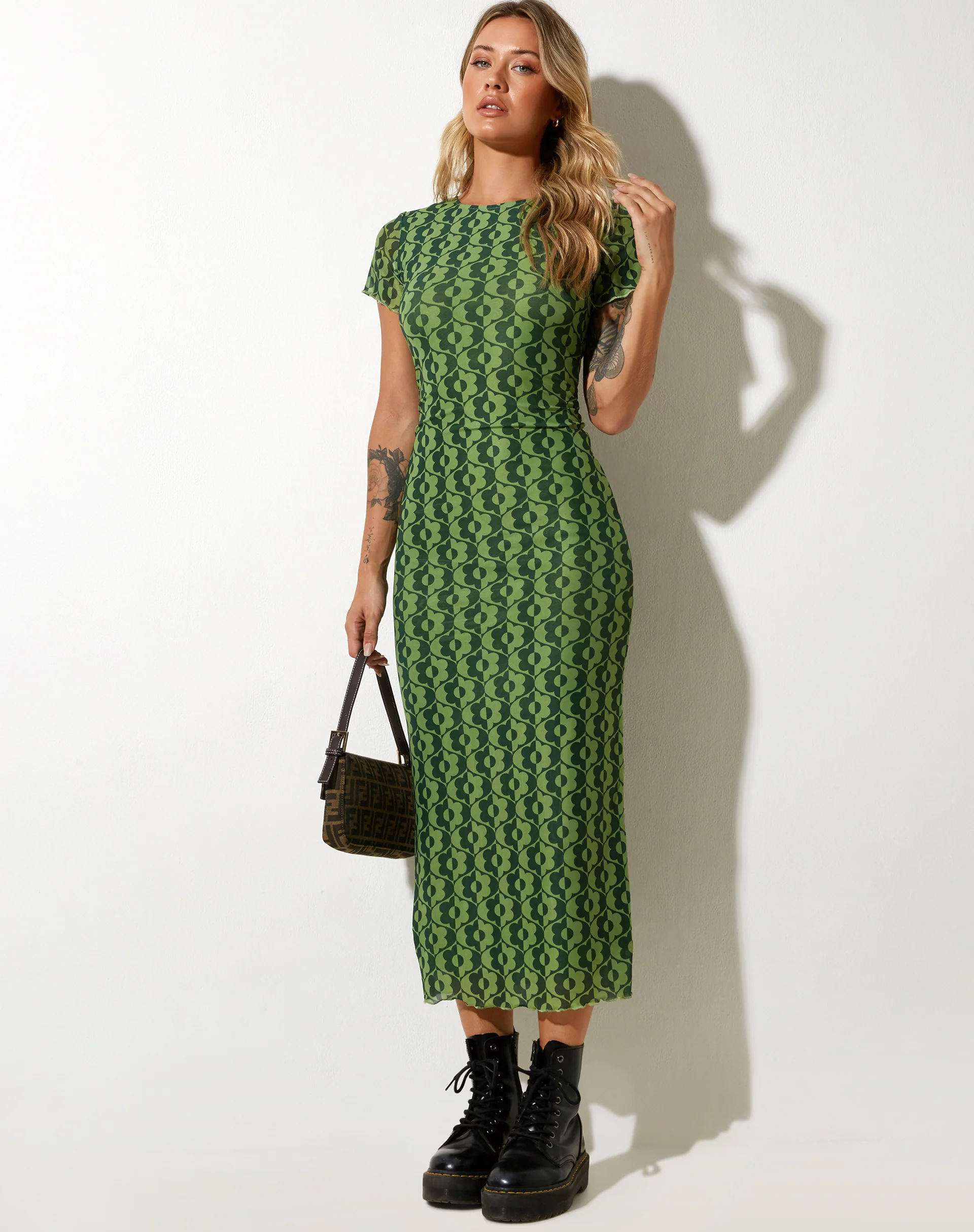 Happyella Midi Dress in Wavy Daisy Green - Awmao