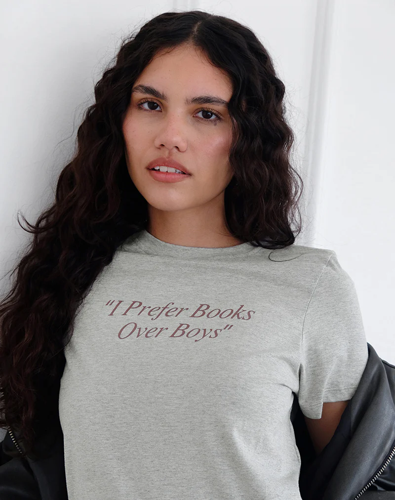 Saki Tee in Grey Marl with I Prefer Books Over Boys Slogan - Awmao