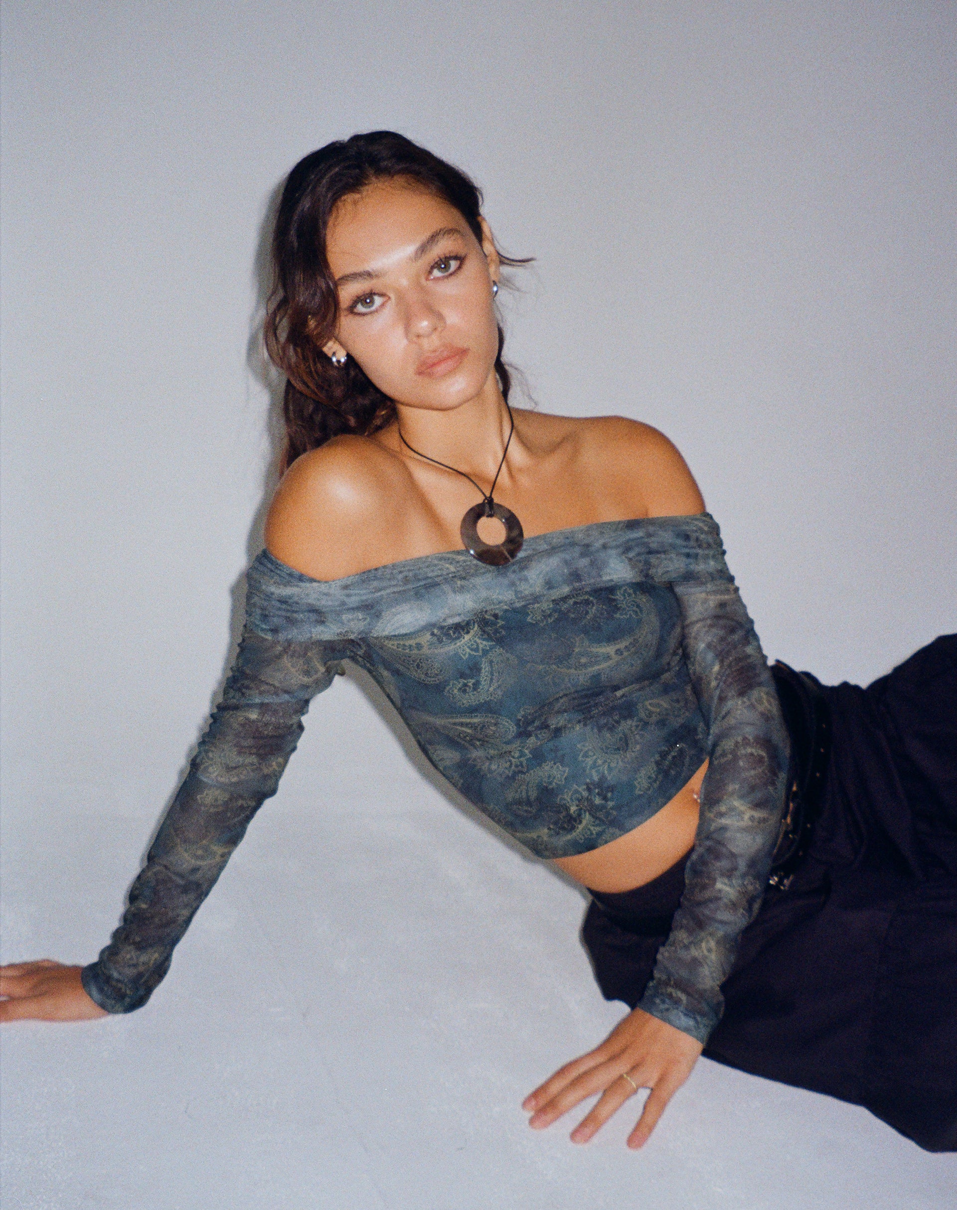 Nagini Long Sleeve Bardot Top in Tonal Blue Paisley - Awmao