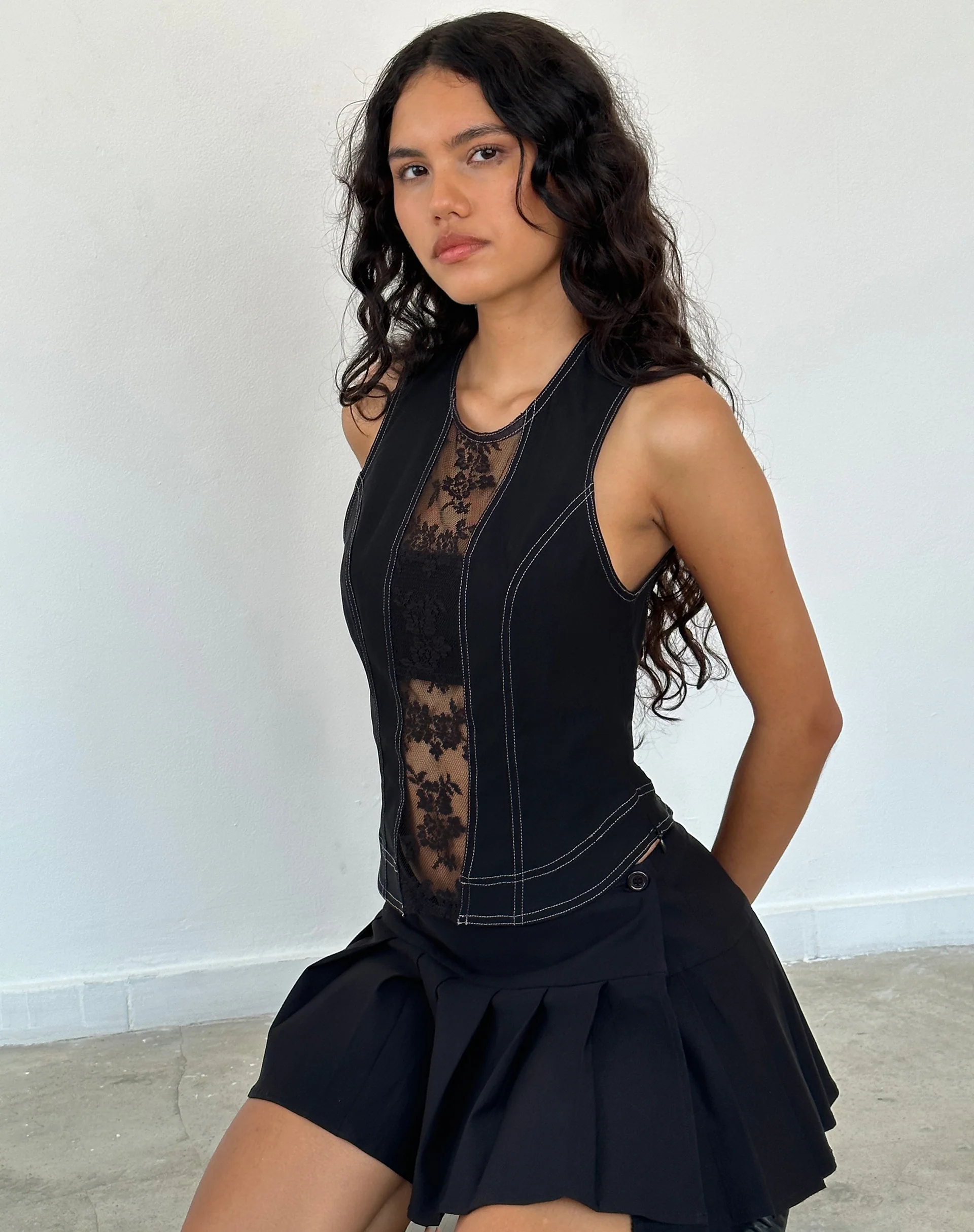 Verbena Lace Panel Top in Black Tailoring - Awmao