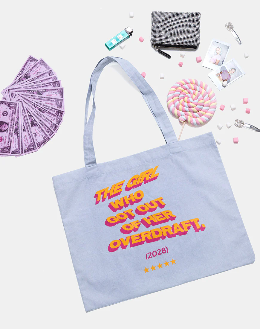 Tote Bag in Soft Blue with Overdraft Text Text X Top Girl - Awmao