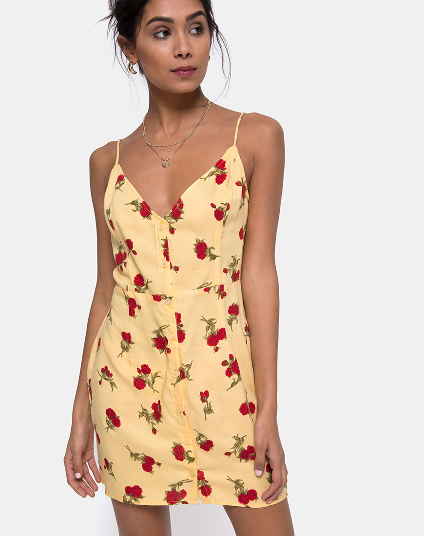 Novia Slip Dress in Falling Rose Yellow - Awmao