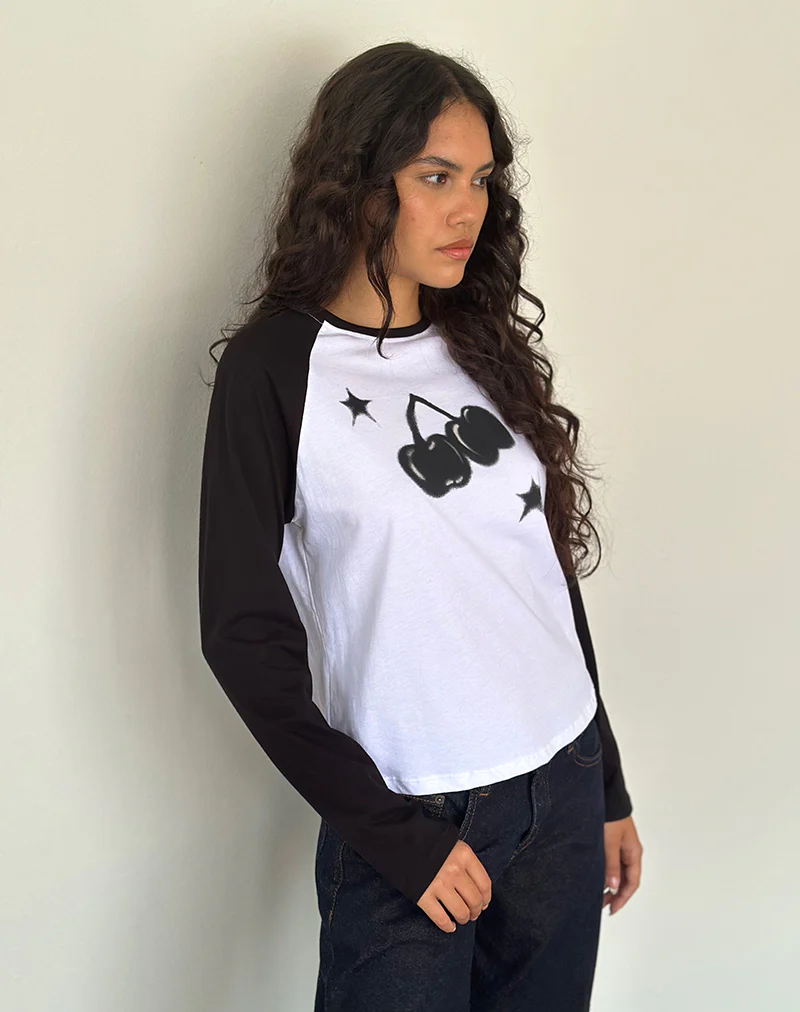 Kyiato Top in White and Black Cherry Print - Awmao