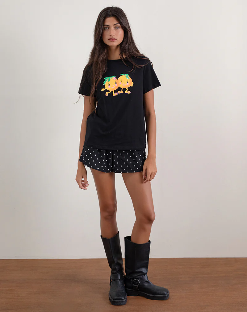 Saki Tee in Black with Printed Squeeze Me Orange - Awmao