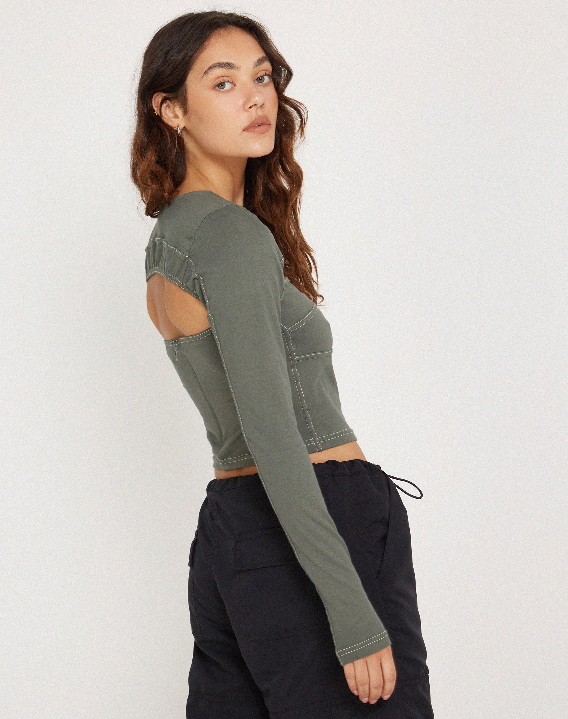Matea Long Sleeve Top in Duck Green with Yellow Top Stitch - Awmao