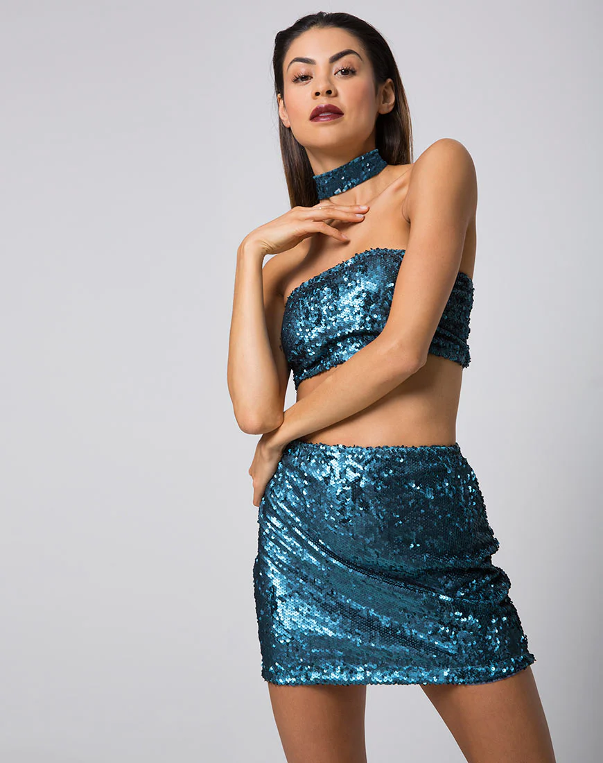 Cherry Tube Skirt in Mini Sequin Teal - Awmao