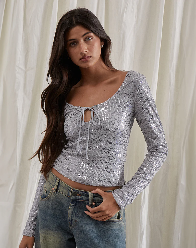 Meraga Tie Front Top in Silver Sequin - Awmao