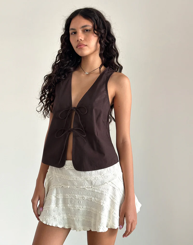 Kayve Tie Front Top in Poplin Deep Mahogany - Awmao