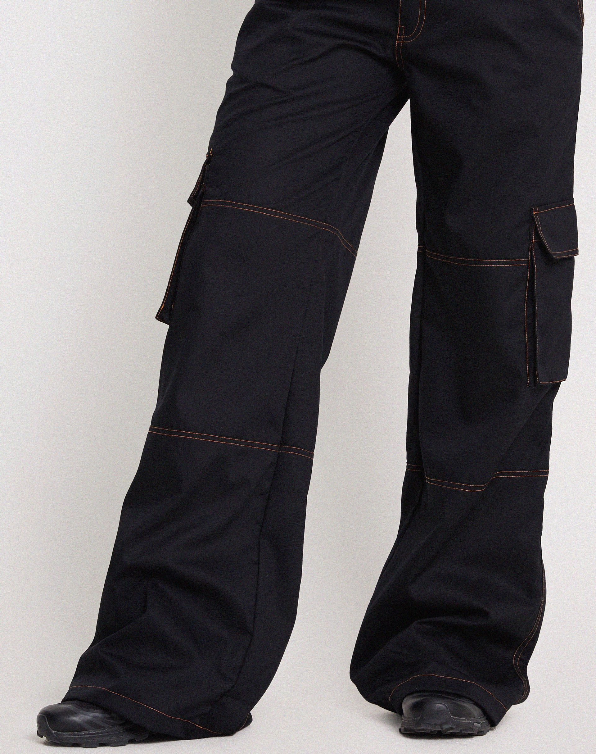 Saul Wide Leg Cargo Trouser in Black with Orange Stitching - Awmao