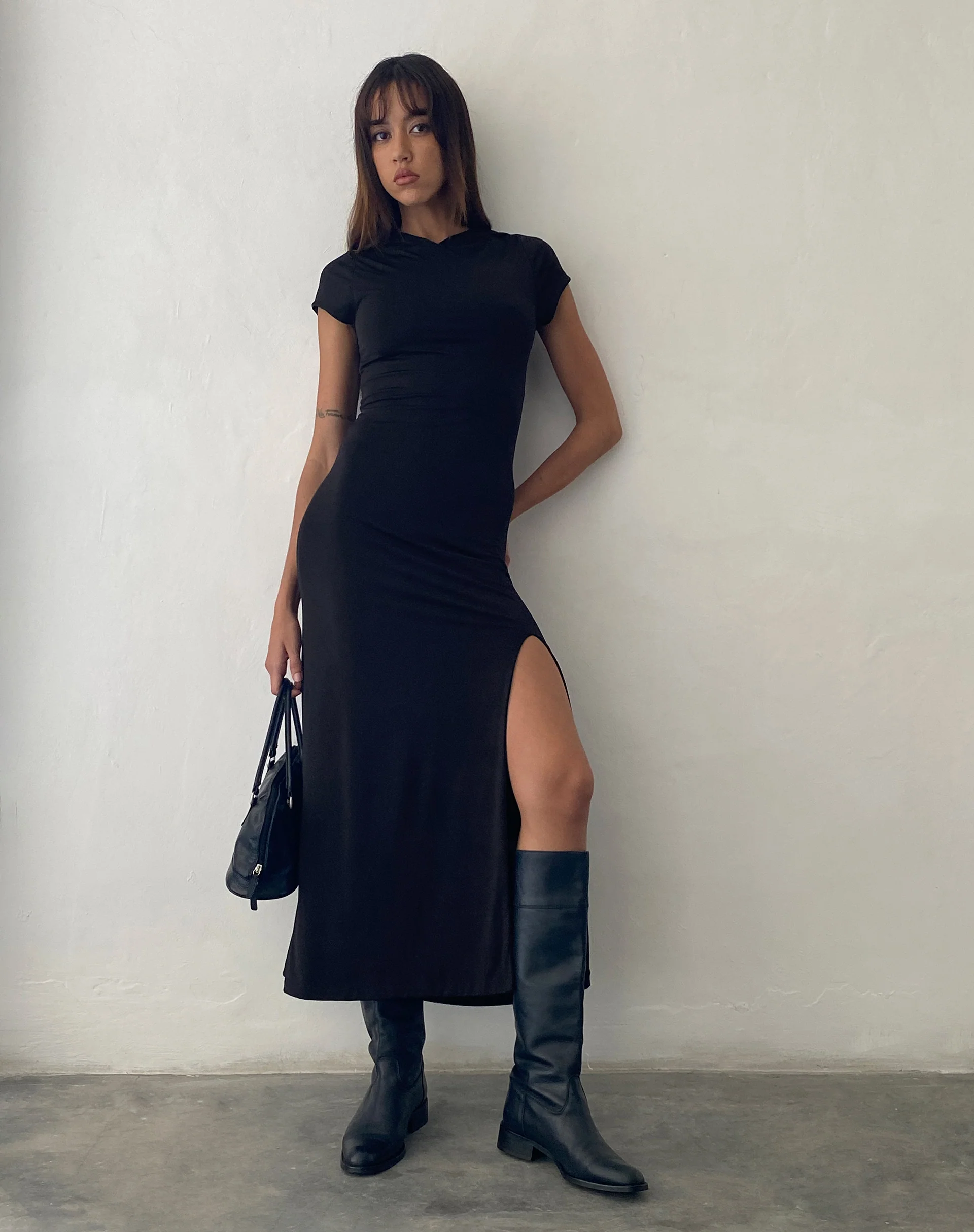 Dixie Hooded Maxi Dress in Slinky Black - Awmao