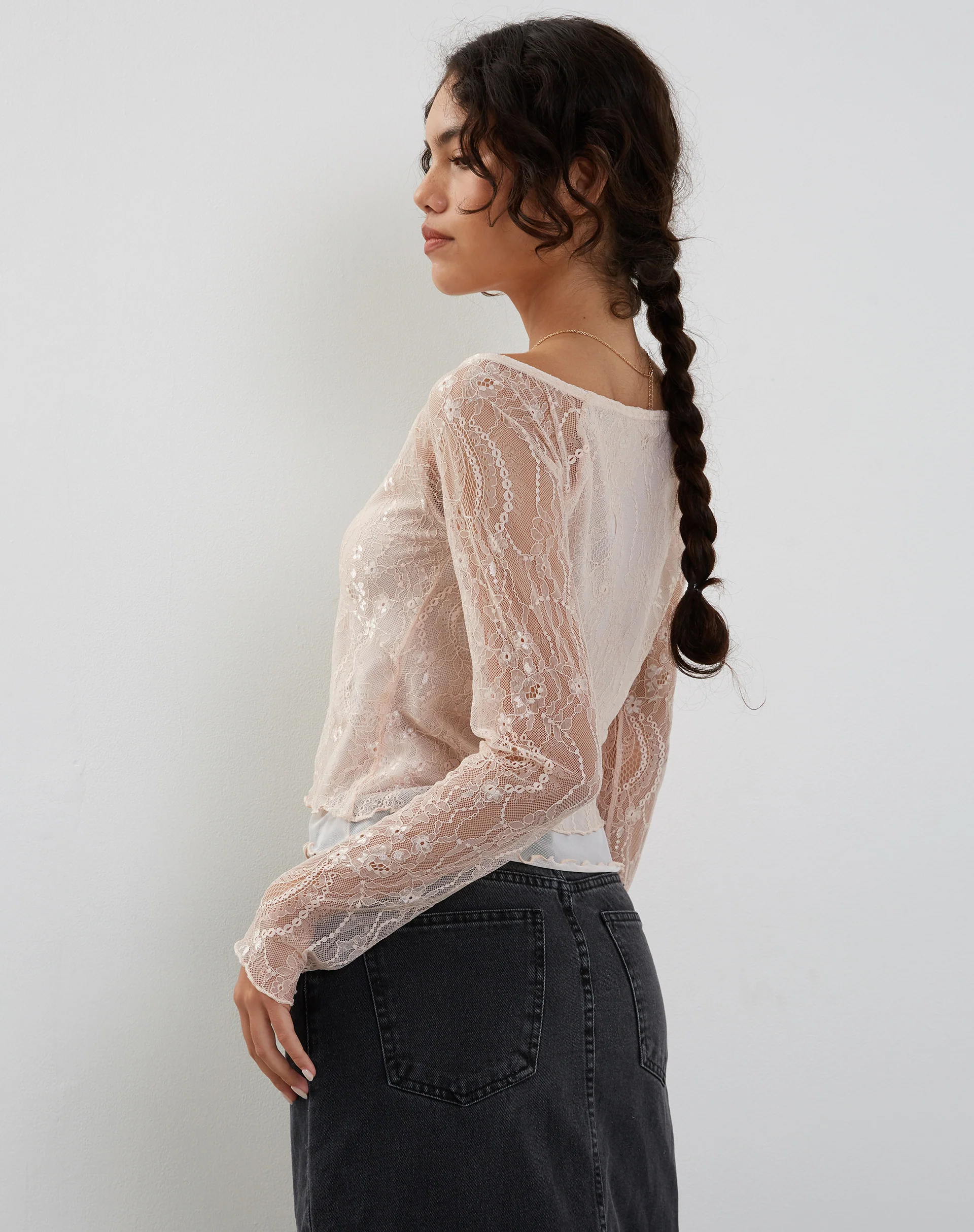 Rory Long Sleeve Lace Top in Pink - Awmao