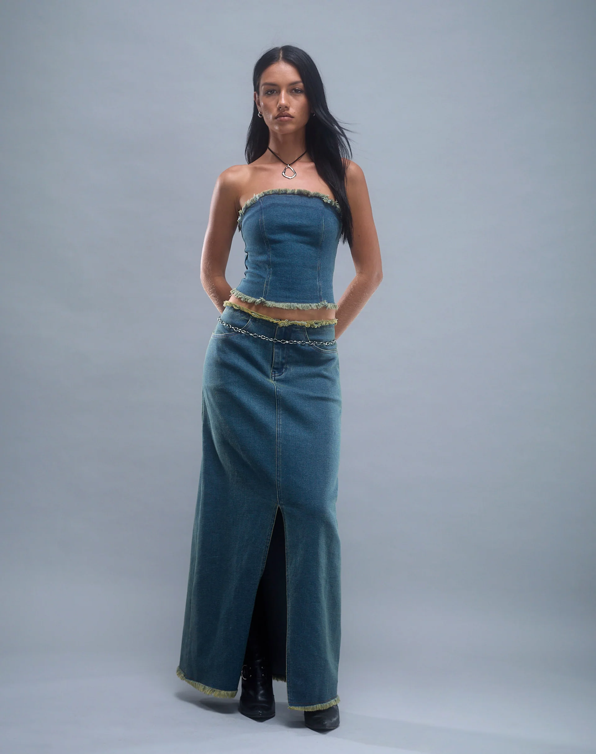 Zaenap Frayed Denim Maxi Skirt in Brown Blue Acid - Awmao