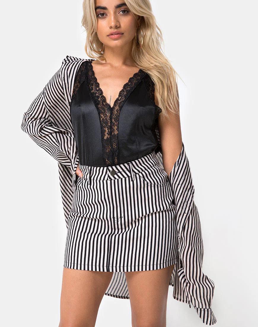 Mini Broomy Skirt in Mini Pinstripe Black and Nude - Awmao