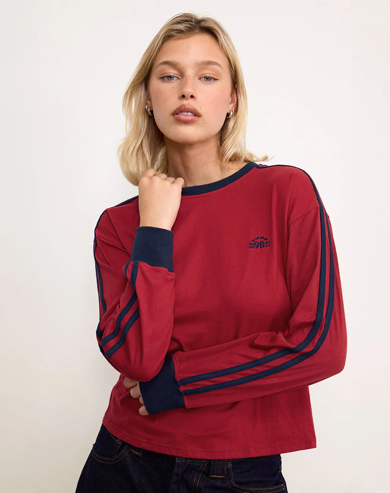 Prata Long Sleeve Top in Adrenaline Red with Navy Binding - Awmao