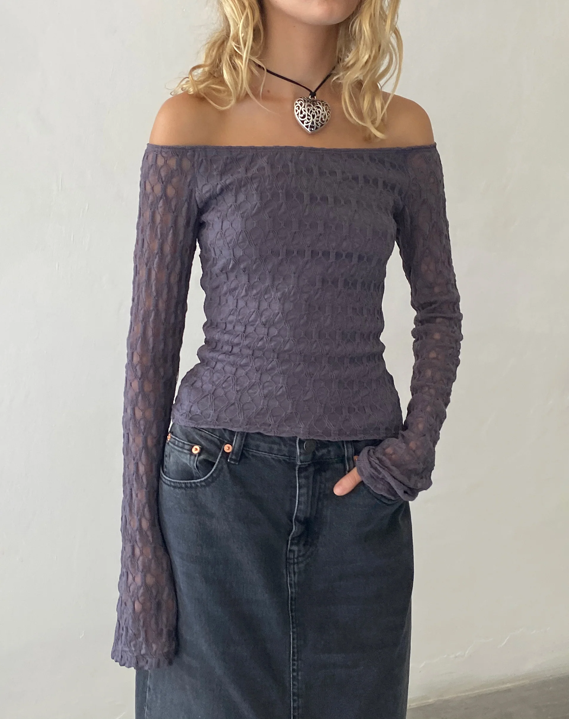 Neira Long Sleeve Bardot Top in Textured Knit Ocean Storm - Awmao