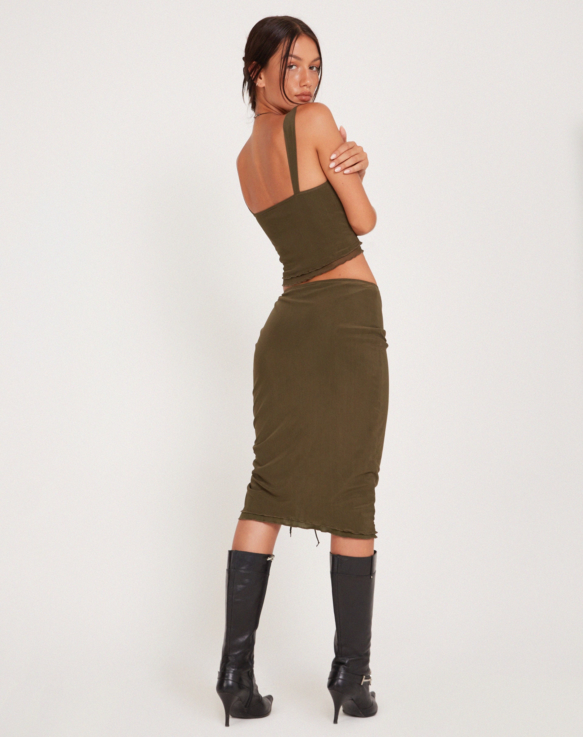 Tya Midi Skirt in Mesh Dark Olive - Awmao