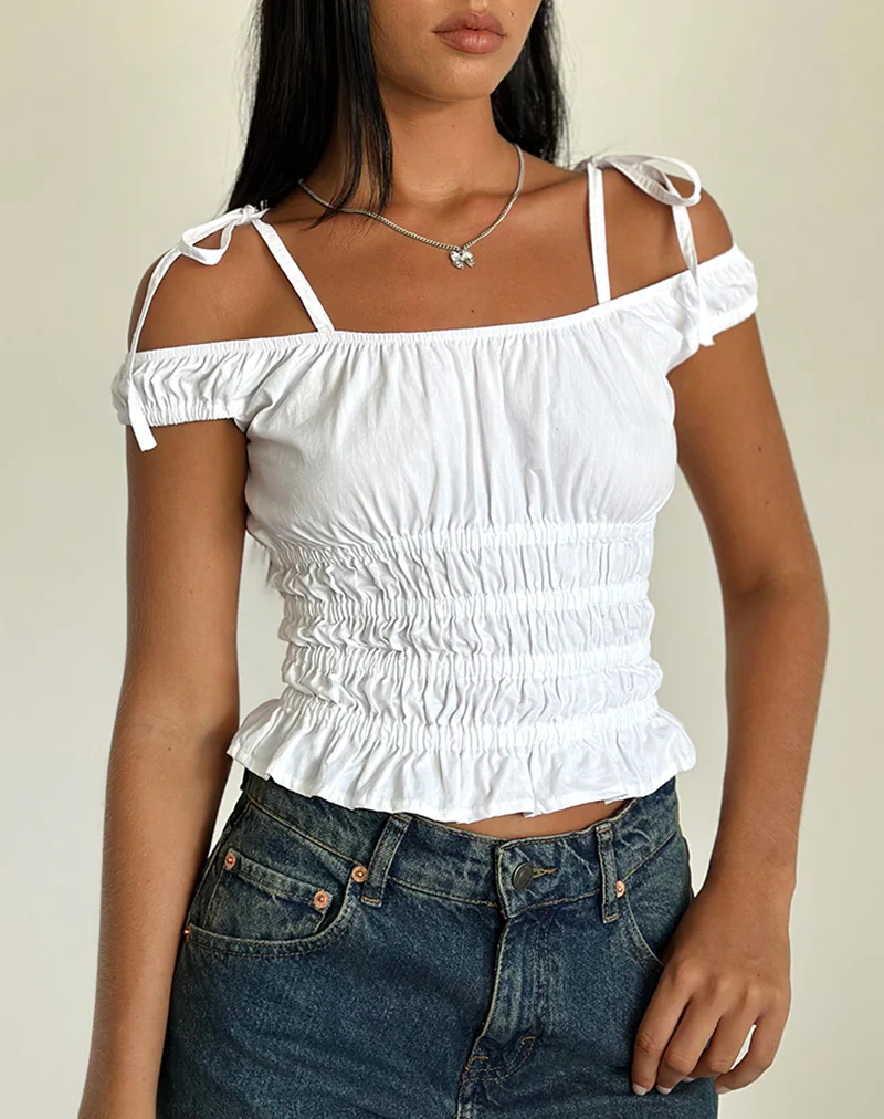 Xavan Bardot Tie Shoulder Top in White - Awmao