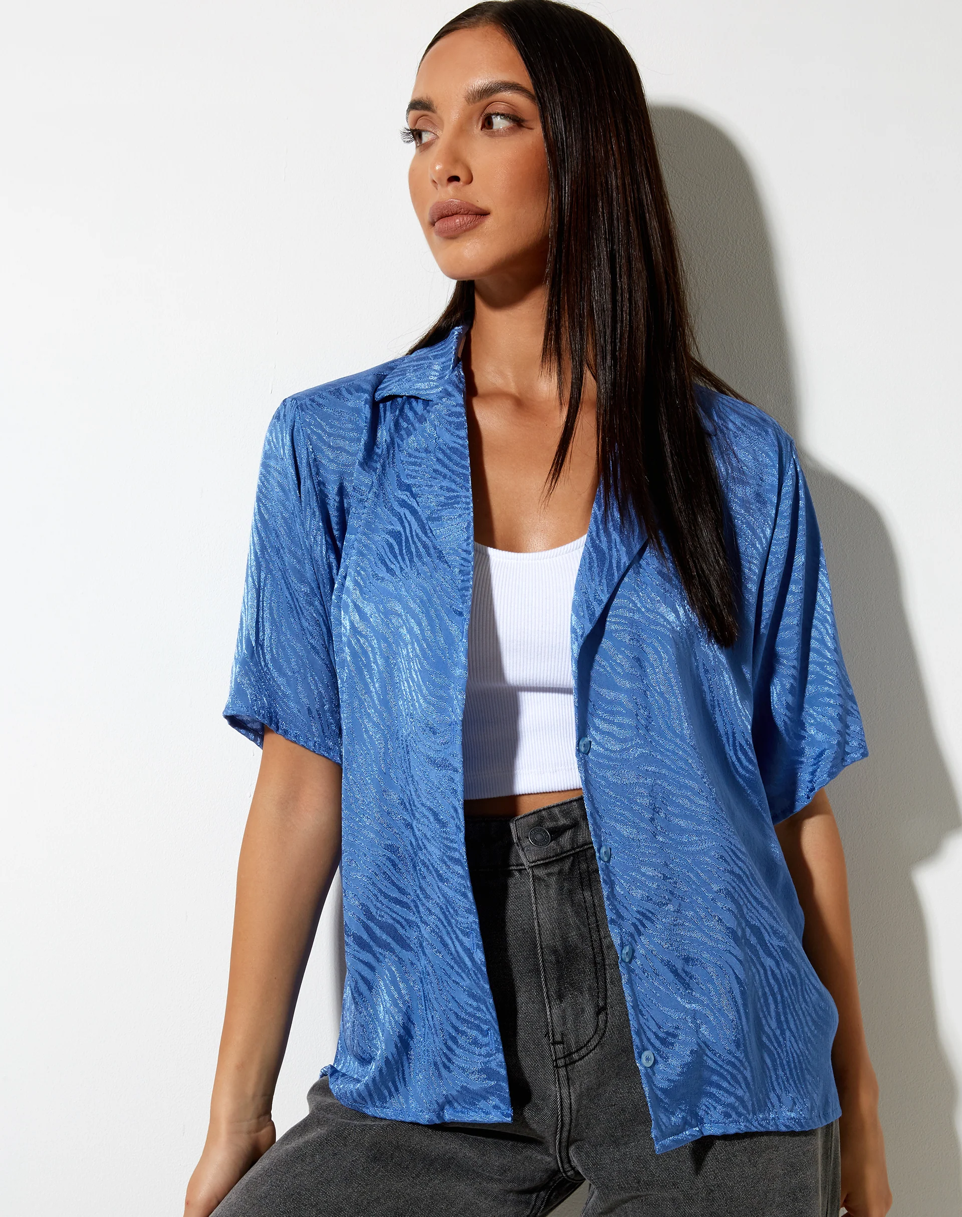 Nikra Shirt in Satin Zebra Blue Bonnet - Awmao