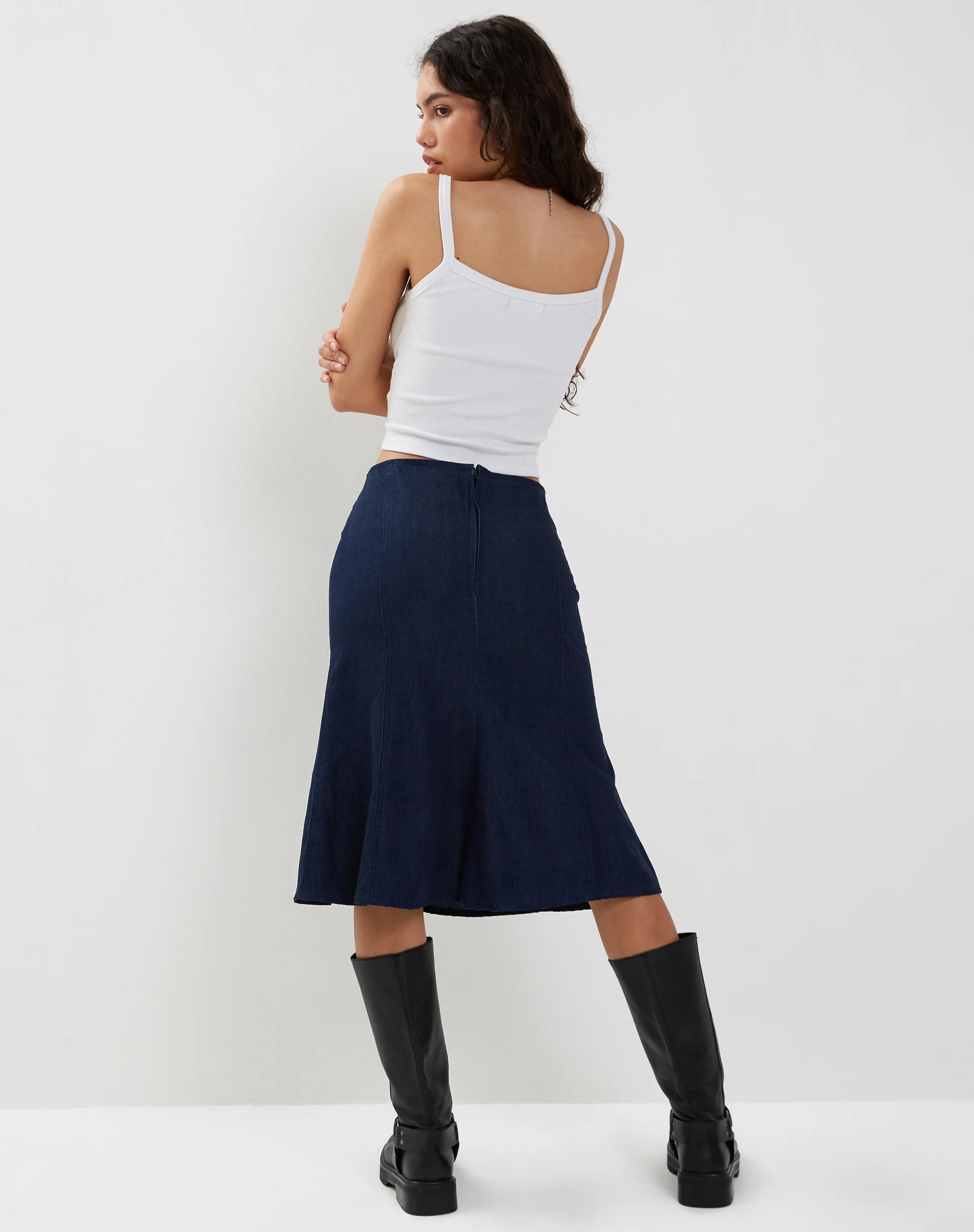 Eames Midi Skirt in Denim Indigo Blue - Awmao
