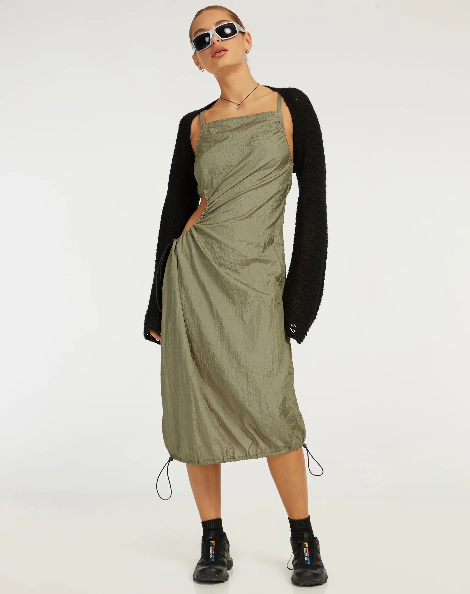 Daichi Cut Out Midi Dress in Silver Green - Awmao