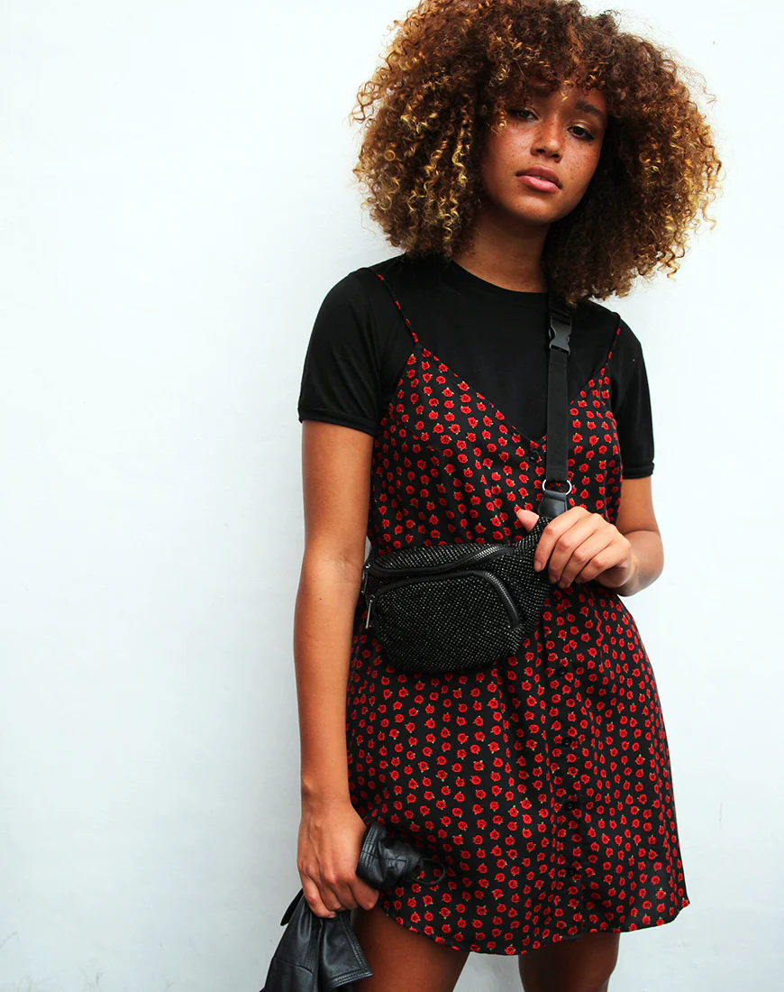 Sanna Slip Dress in Dotty Rose Black - Awmao