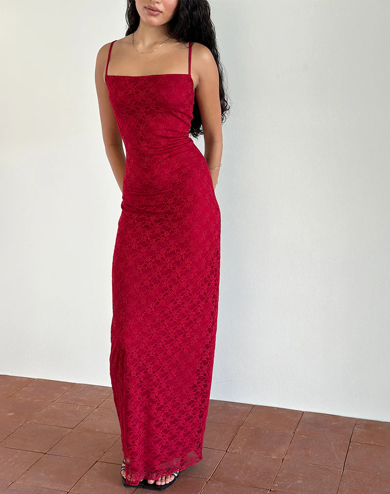 Cantha Maxi Dress in Mari Lace Red - Awmao