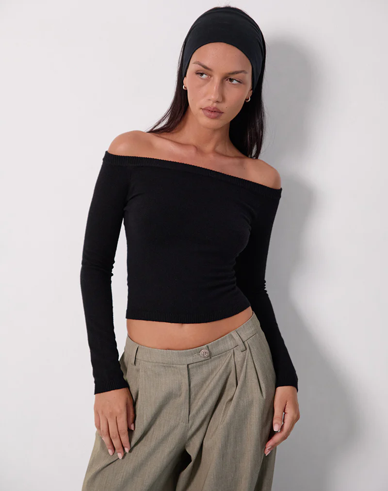 Renie Bardot Top in Black Knit - Awmao