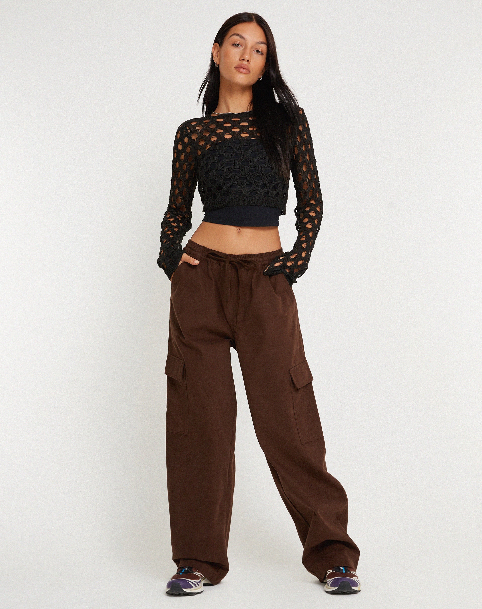 Geona Wide Leg Cargo Trouser in Brown - Awmao