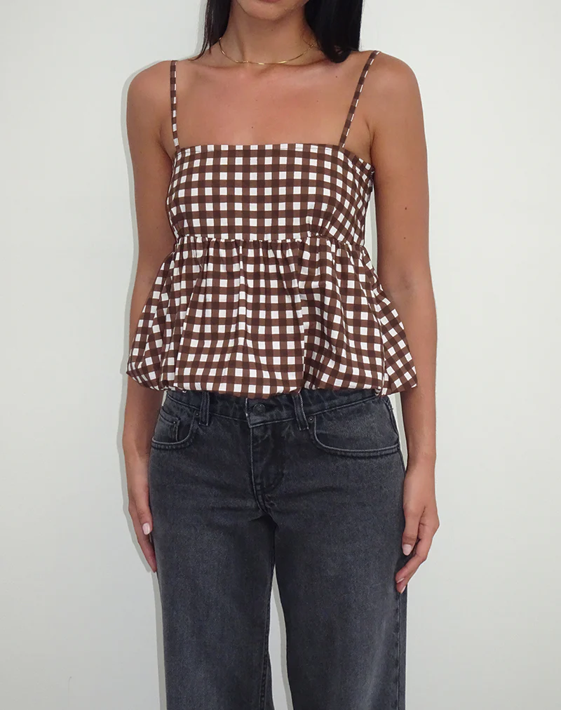 Charlita Frill Cami Top in Tonal Gingham Brown - Awmao