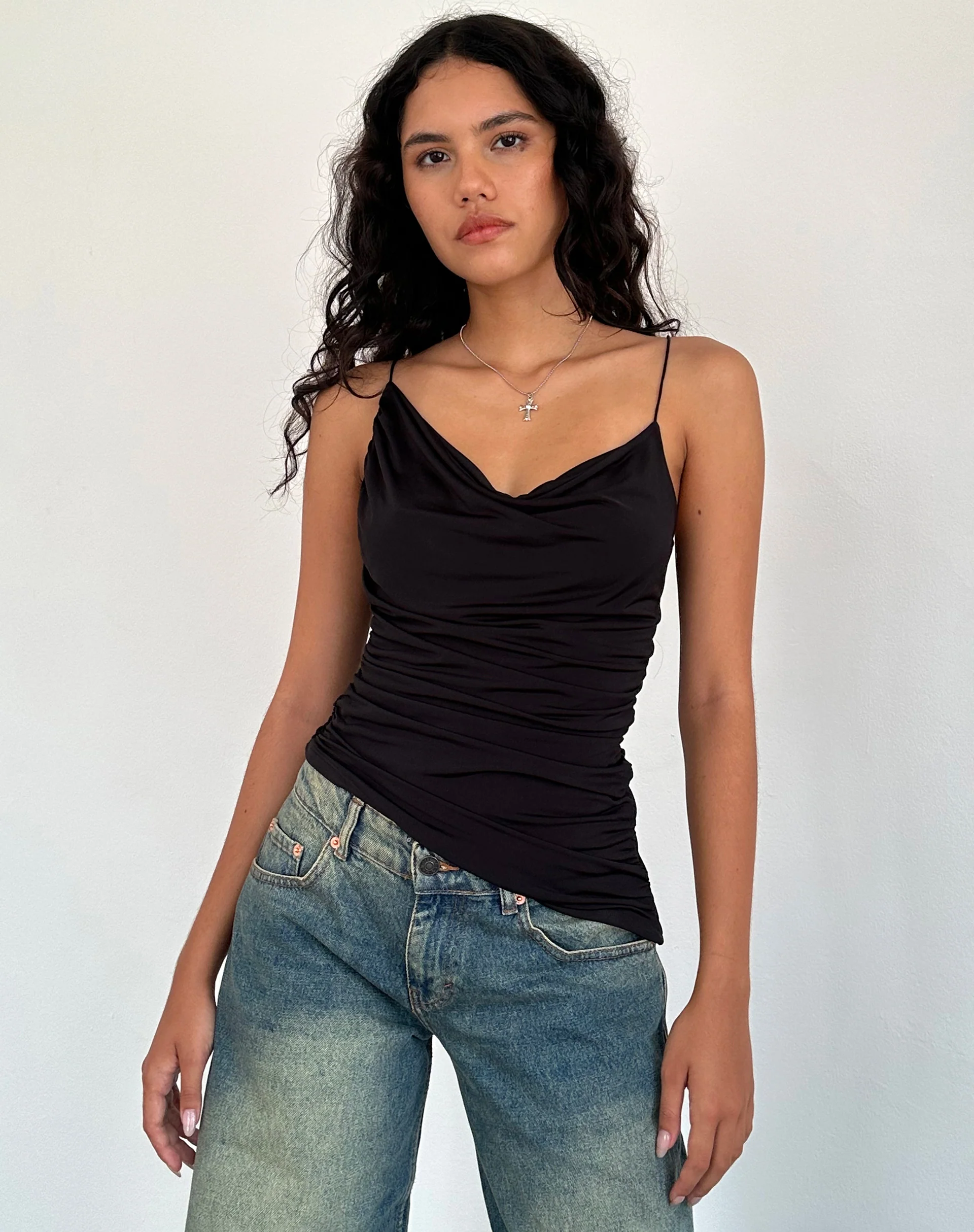 Kofi Asymmetric Ruched Cami Top in Black Slinky - Awmao