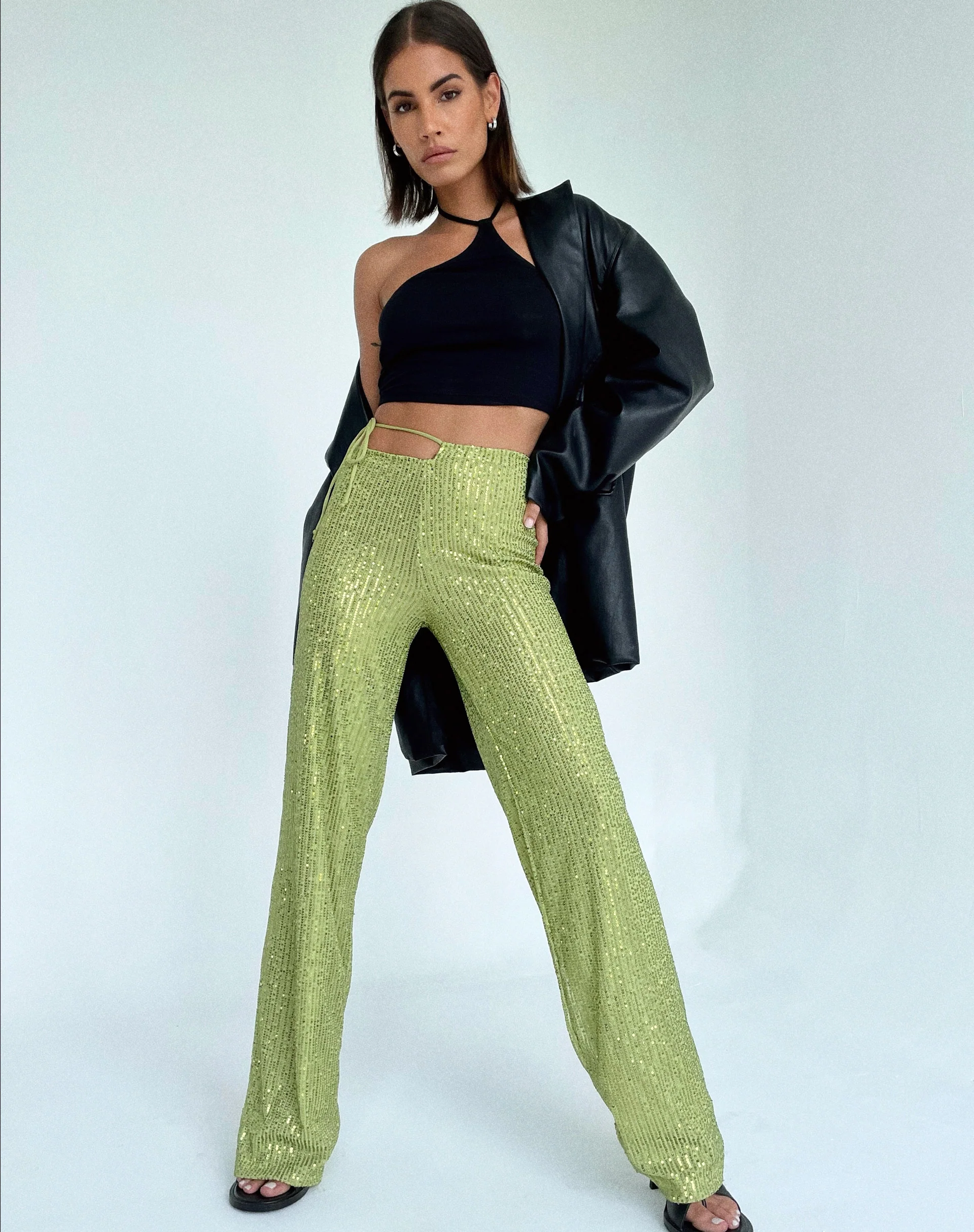 Sanju Trouser in Drape Sequin Lime Green - Awmao