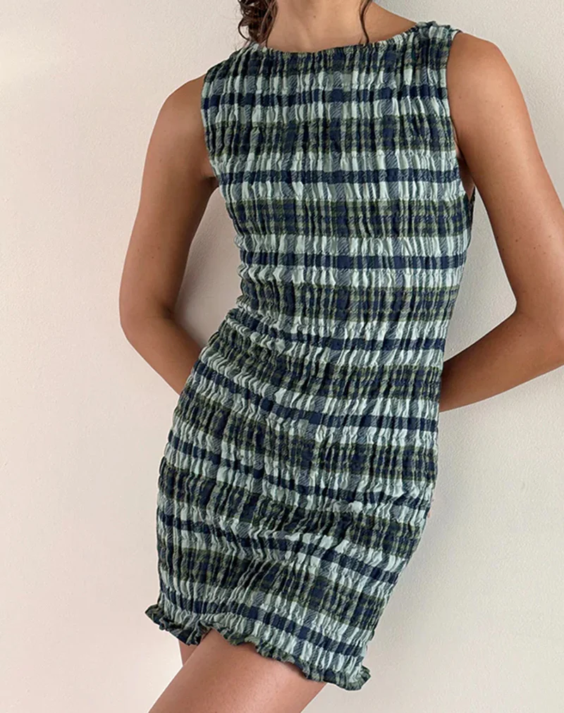 Takayi Mini Dress in Linen Mono Check Green - Awmao