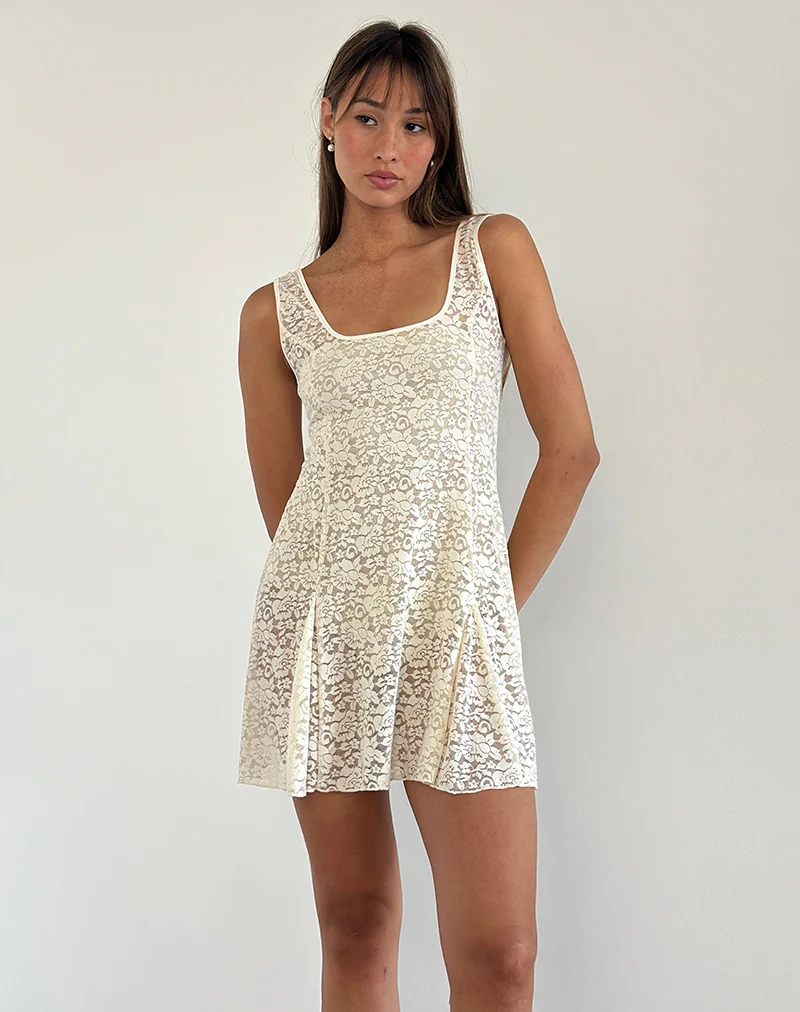 Tabah Mini Dress in Rose Lace Ivory - Awmao