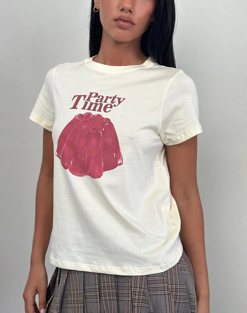 Saki Tee in Buttermilk with Party Time Print - Awmao