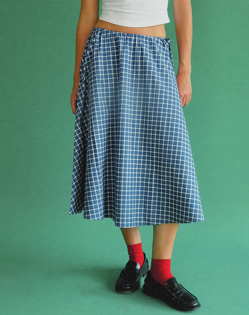 Takara Midi Skirt in Navy Tartan Poplin - Awmao