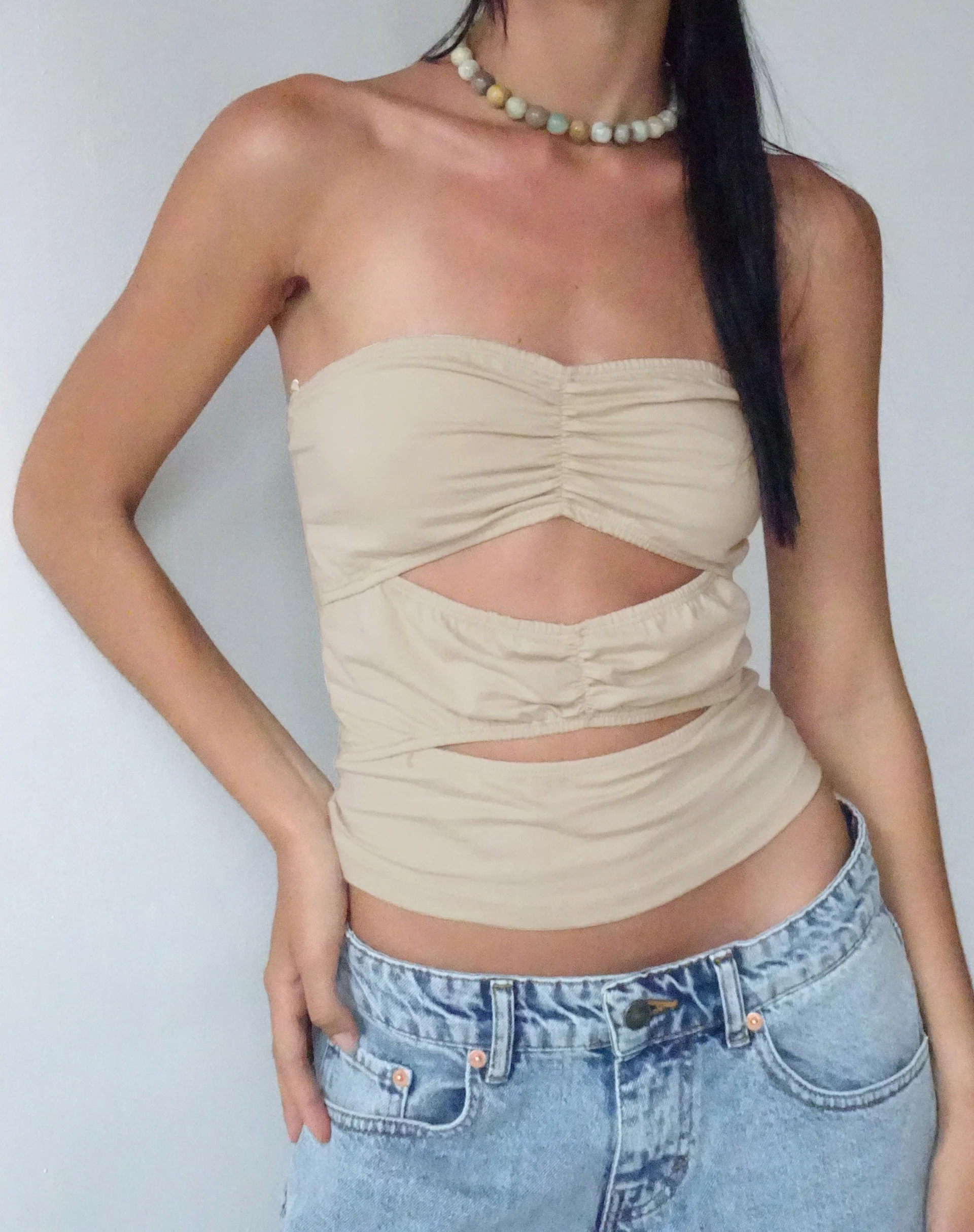 MOTEL X JACQUIE Dayu Bandeau Crop Top in Coconut Milk - Awmao