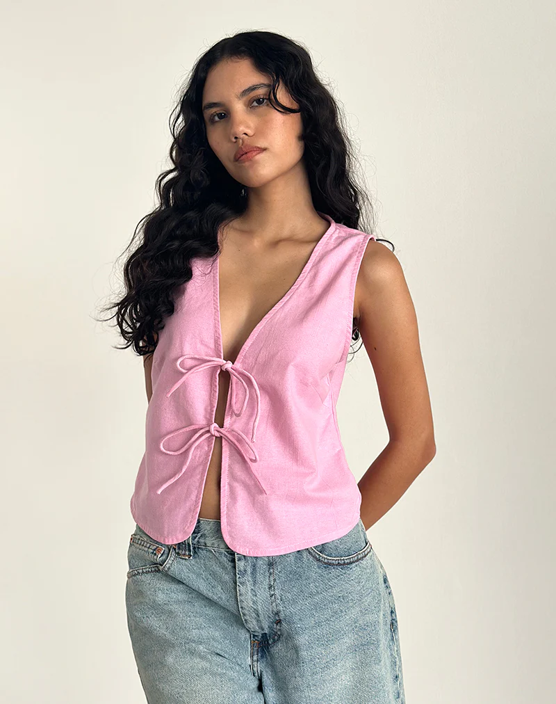 Kayve Tie Front Top in Flamingo Pink - Awmao