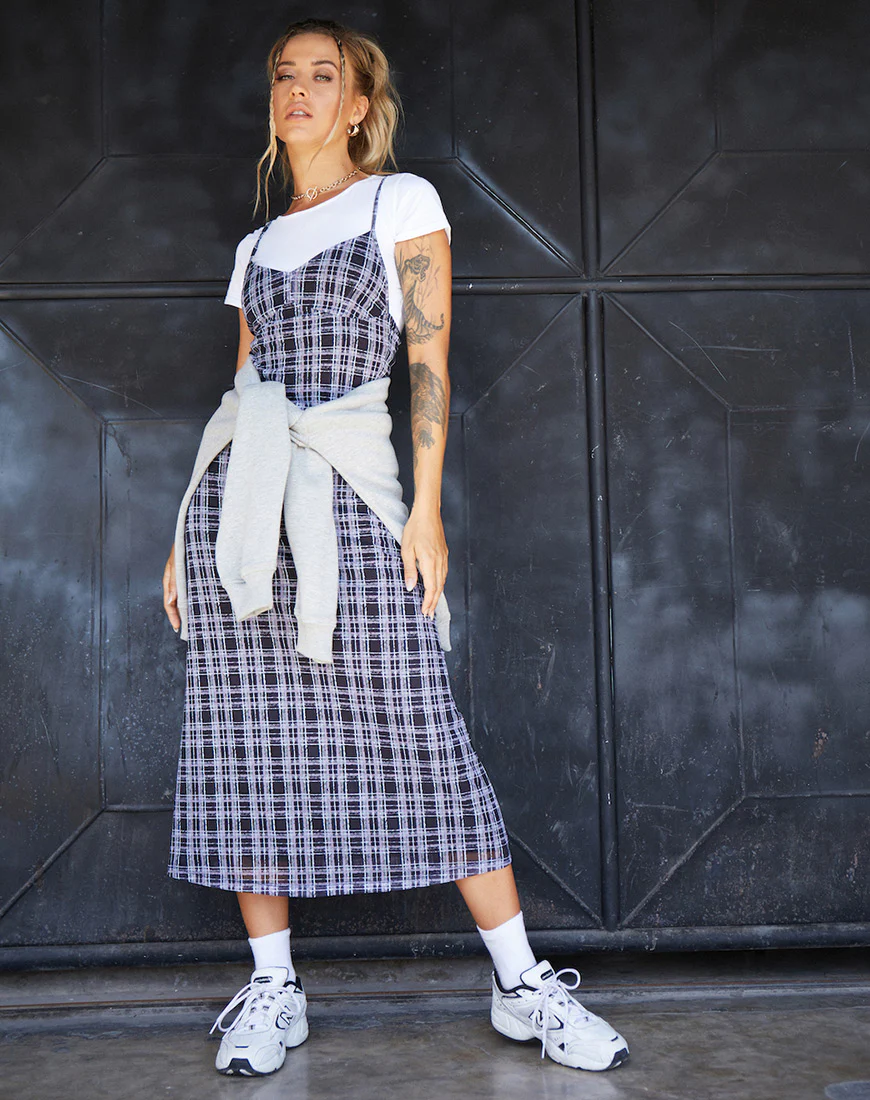 Cotina Midi Dress in Inkblot Check Black and White - Awmao