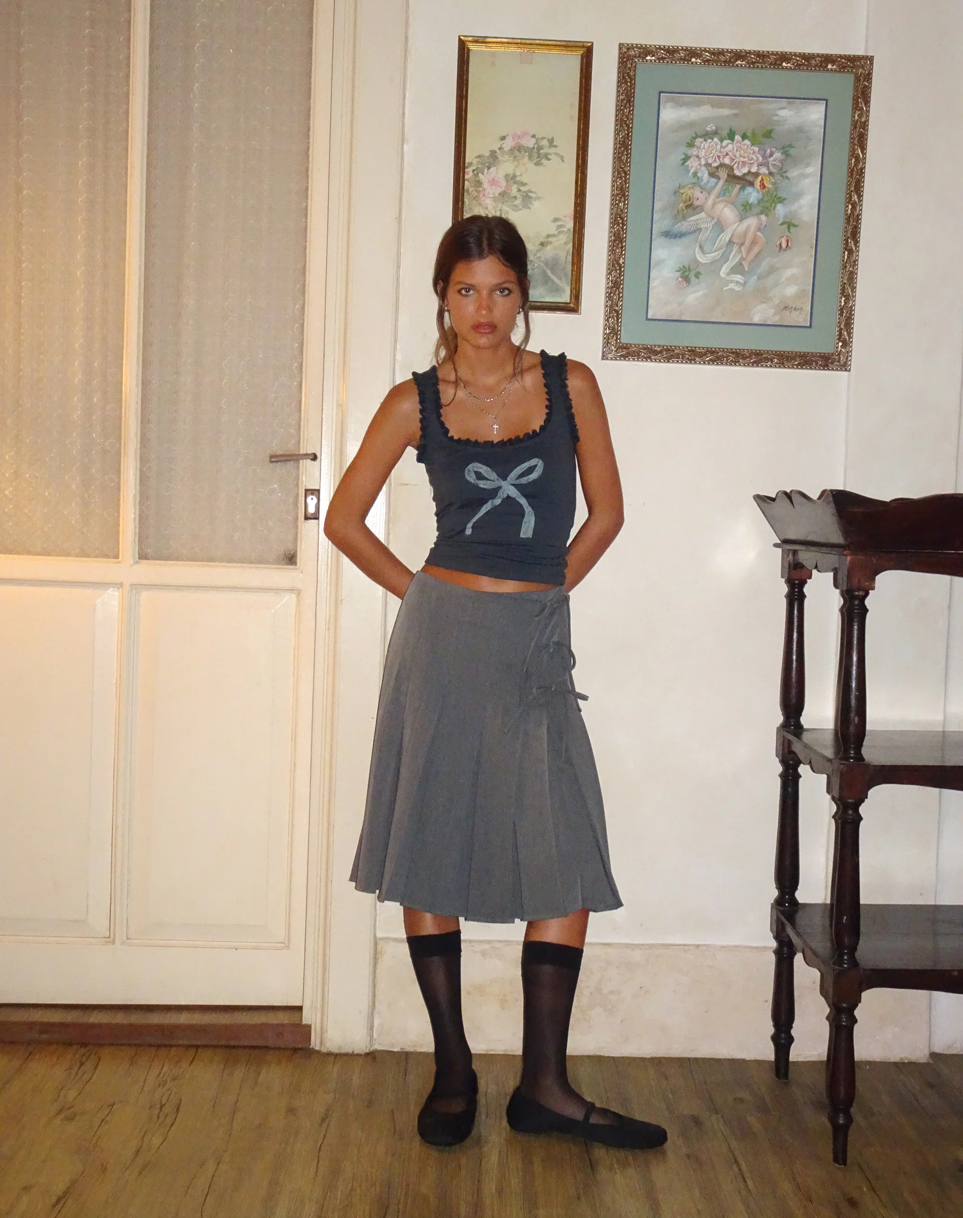 Carillo Lace Trim Vest Top in Ocean Storm Bow Print - Awmao