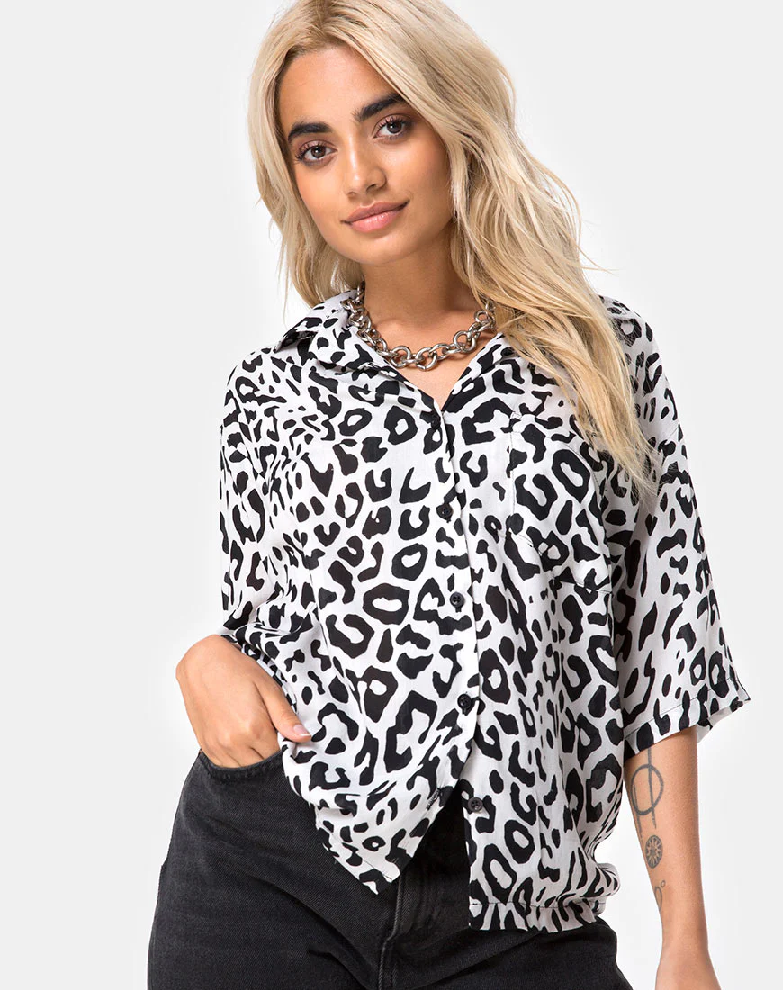 Hawaiian Shirt in Mono Animal Grey and White - Awmao