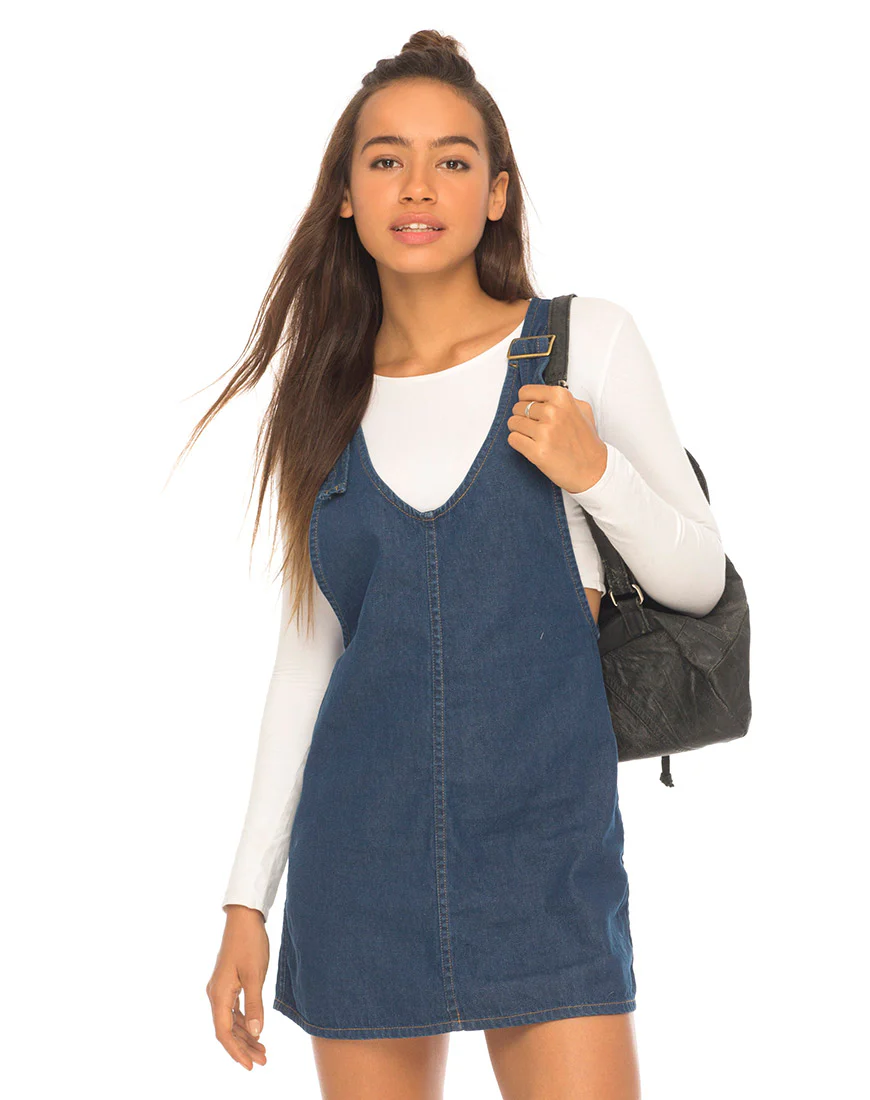 Litton Pinafore Dress in Denim Indigo - Awmao