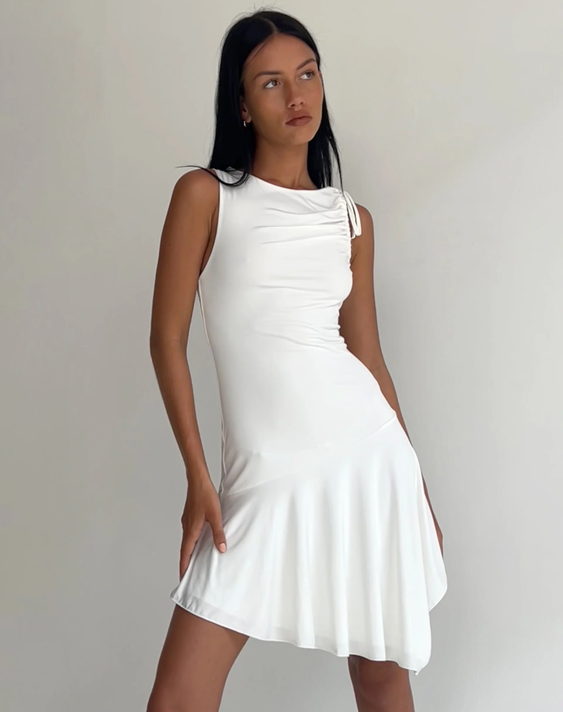 Chaya Waterfall Hem Mini Dress in Slinky Ivory - Awmao