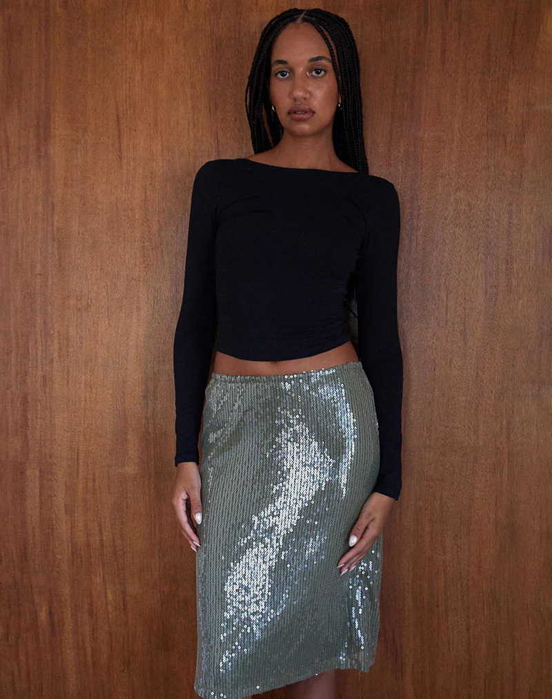 Kavi Midi Skirt in Khaki Green Clear Sequin - Awmao